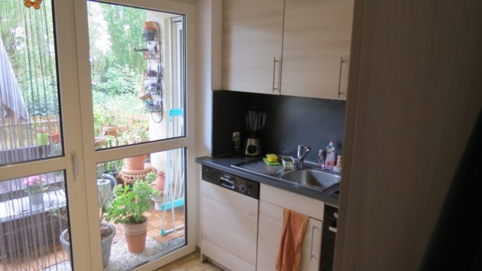 Helle Küche mit schwarzer Wand, Spüle, Küchenutensilien und Pflanzen auf der Fensterbank.